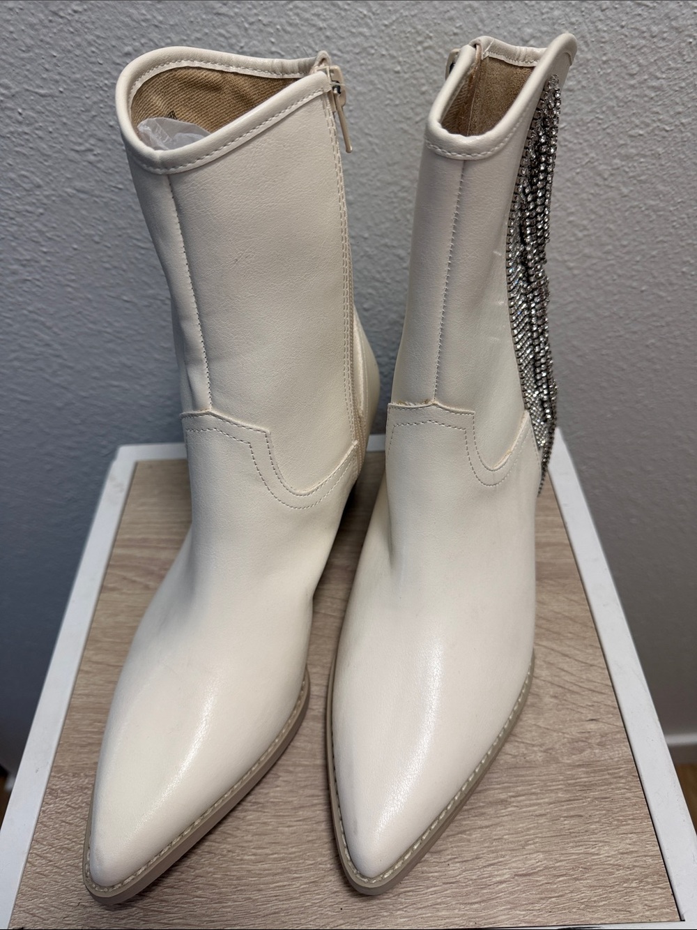 Women's Cream Pointed Toe Ankle Boots with Side Rhinestone Detail